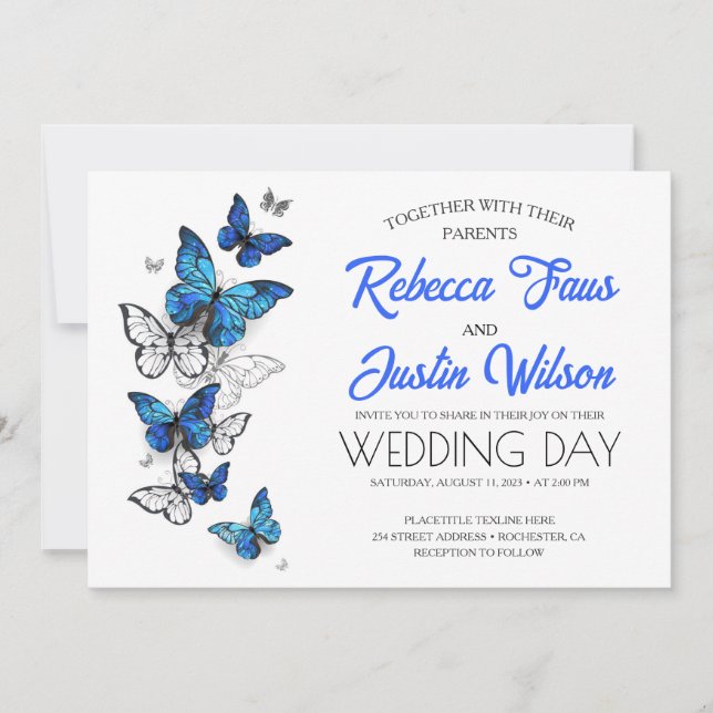 Invitation Papillons Morpho et Monarque bleus et blancs (Devant)