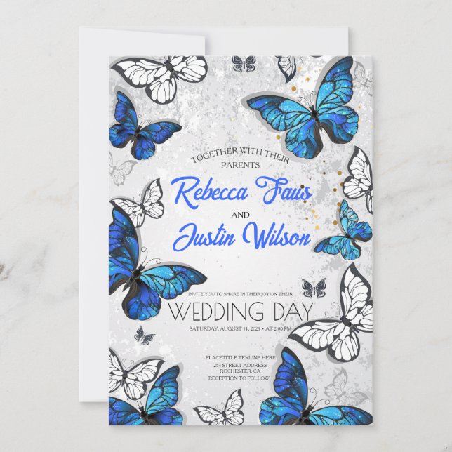 Invitation Papillons Morpho et Monarque bleus et blancs (Devant)