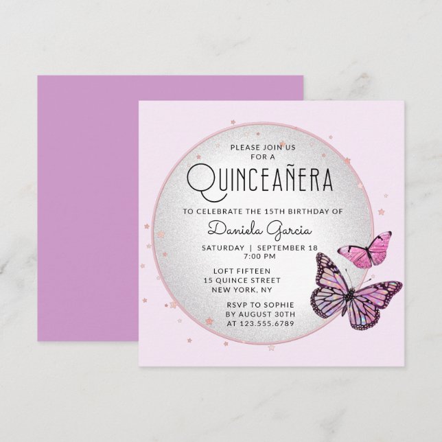 Invitation Papillons noirs roses Étoiles Moderne Quinceañera (Devant / Derrière)