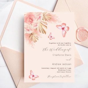 Invitation Papillons pampas herbe rose or luxe mariage