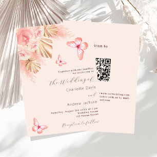 Invitation Papillons pampas herbe rose QR RSVP mariage de lux