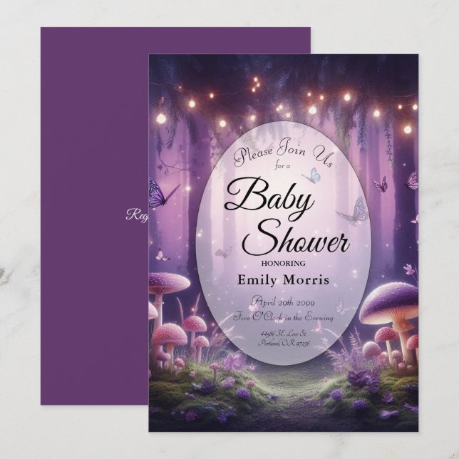 Invitation Papillons pourpres Baby shower Ciel Starlit (Devant / Derrière)
