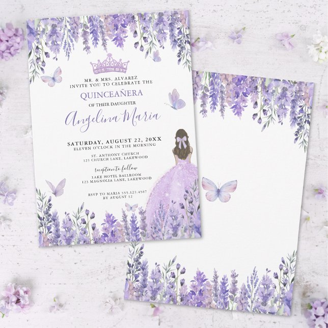Invitation Papillons pourpres Floral Quinceañera (Purple Lilac Butterflies Tiara Floral Quinceañera Invitation)
