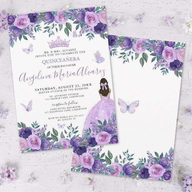 Invitation Papillons pourpres Floral Quinceañera (Purple Butterflies Floral Quinceañera Invitation)
