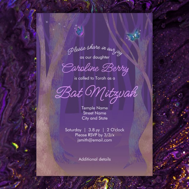 Invitation Papillons pourpres, Matzvah de chauve-souris de fo (purple bat mitzvah invitation with butterflies, sparkles, magical forest, fantasy)