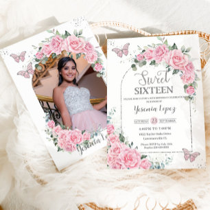 Invitation Papillons princesse rose Floral Photo Sweet 16