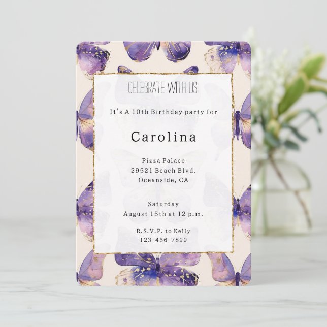 Invitation Papillons Purple Gold Anniversaire (Debout devant)