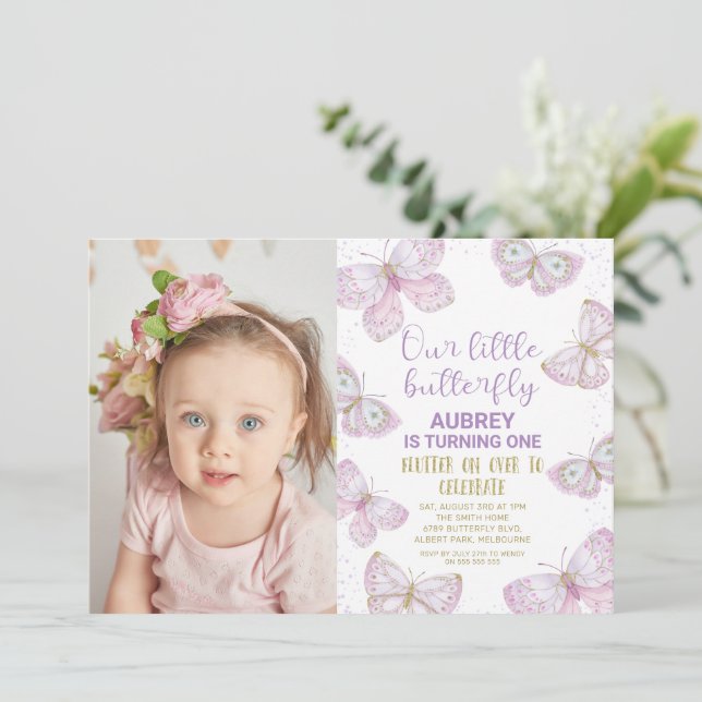 Invitation Papillons Purple Gold Photo 1er anniversaire (Debout devant)