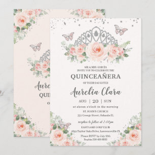 Invitation Papillons quinceañera bleu rose floral Tiara