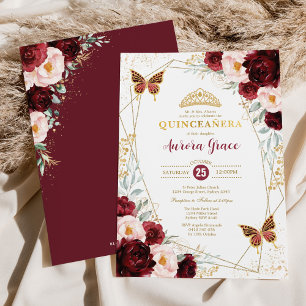Invitation Papillons Quinceañera Burgundy Blush Géométrique