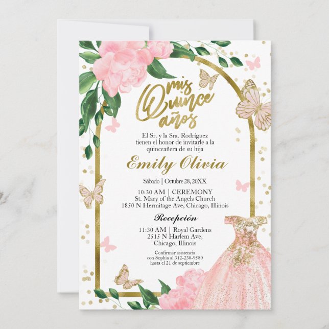 Invitation Papillons Quinceanera Pink Blush Gown Espagnol (Devant)