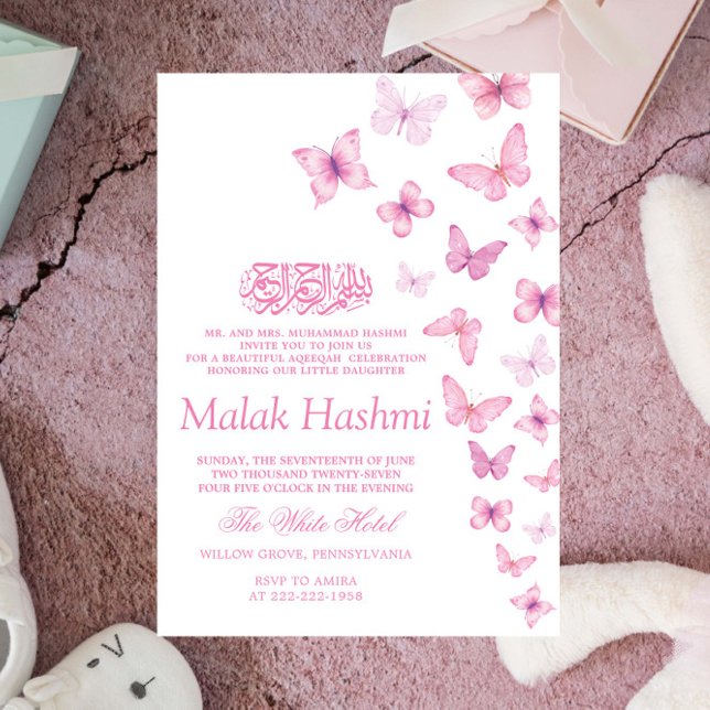 Invitation Papillons rose Chic Aqiqa Aqeeqah islamique (Créateur téléchargé)
