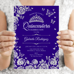 Invitation Papillons Rose d'argent pourpre Quinceanera