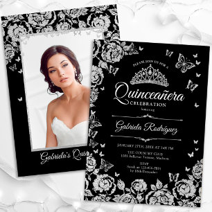 Invitation Papillons Rose en argent noir Quinceanera Photo