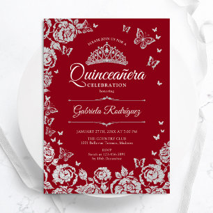 Invitation Papillons Rose en argent rouge Quinceanera