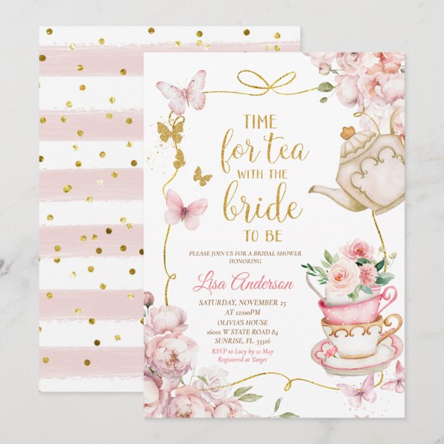 Invitation Papillons rose floral Fête des mariées Tea Party (Devant / Derrière)