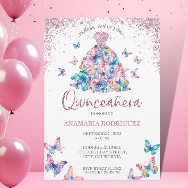 Invitation Papillons rose Gold Sparkling Gown Quinceanera (Créateur téléchargé)