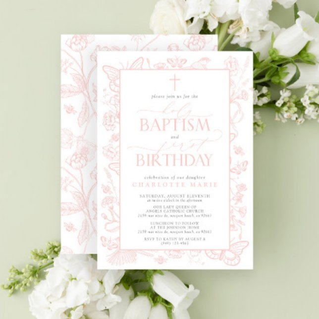 Invitation Papillons rose pâle Baptême Saint et 1er anniversa (Easily personalize this beautiful baptism and first birthday invitation with your personal details)