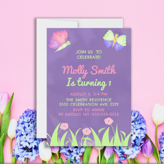 Invitation Papillons rose pourpre Fille 1er anniversaire (Créateur téléchargé)
