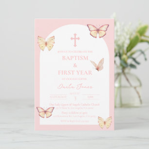 Invitation Papillons rose Premier anniversaire Baptême Invita