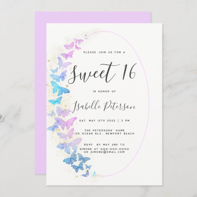 Invitation Papillons rose violet or Boho Frame Sweet 16 (Devant / Derrière)