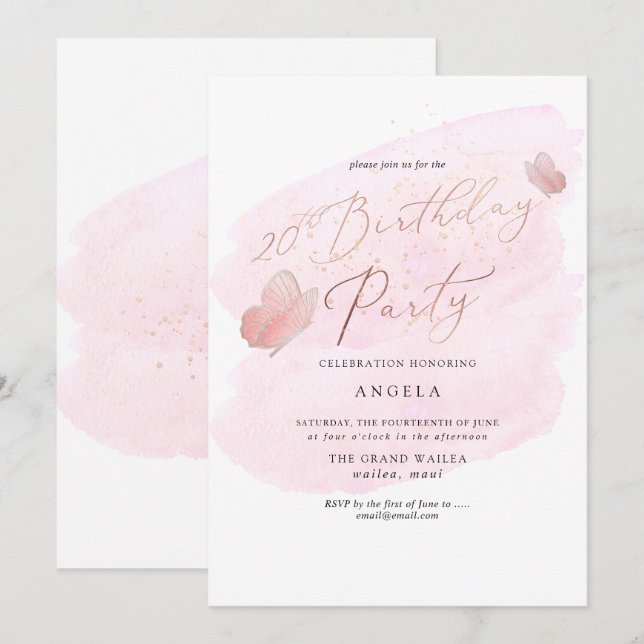 Invitation Papillons roses Aquarelle Champagne 20 do-it-yours (Devant / Derrière)