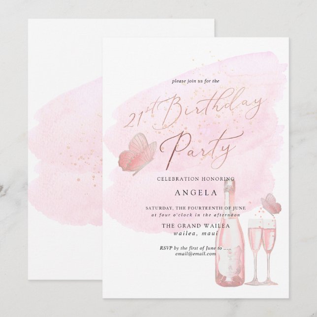 Invitation Papillons roses Aquarelle Champagne 21 DO-IT-YOURS (Devant / Derrière)