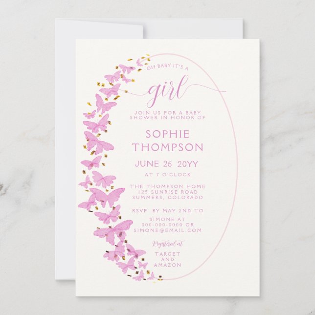 Invitation Papillons roses Boho Frame Gold Girl Baby shower (Devant)