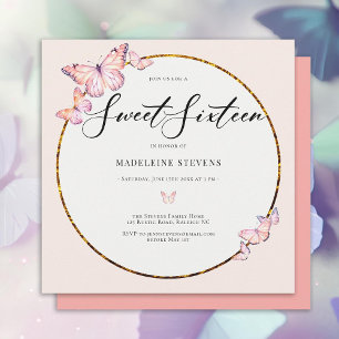 Invitation Papillons roses Boho Gold Frame Girly Sweet 16