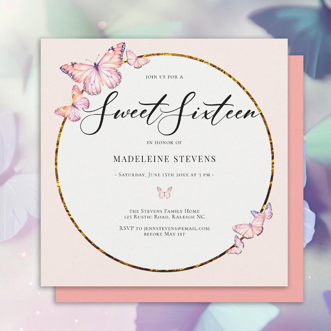 Invitation Papillons roses Boho Gold Frame Girly Sweet 16 (pink butterflies gold boho frame sweet sixteen birthday invitation girly trendy chic)