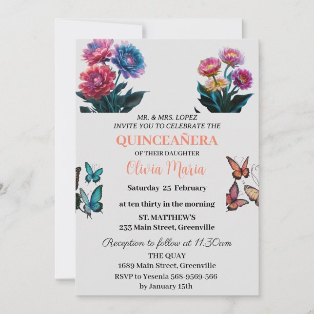 Invitation Papillons Roses en fleurs de cerisier Quinceañera (Devant)