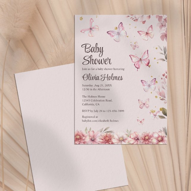 Invitation Papillons roses et Baby shower de Jardin Fleur (Pink Butterflies and Flower Garden Baby Shower Invitation)