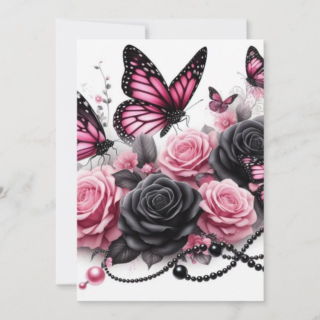 Invitation Papillons roses et Roses aux perles noires (Devant)
