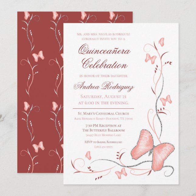 Invitation Papillons roses Quinceanera (Devant / Derrière)
