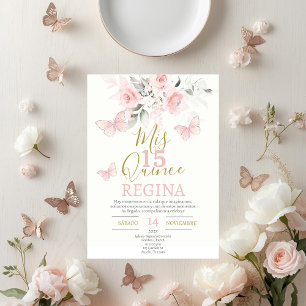 Invitation Papillons roses Quinceañera