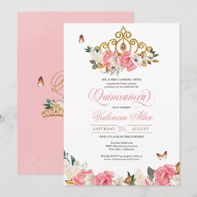 Invitation Papillons Roses roses Quinceanera Gold Tiara (Devant / Derrière)