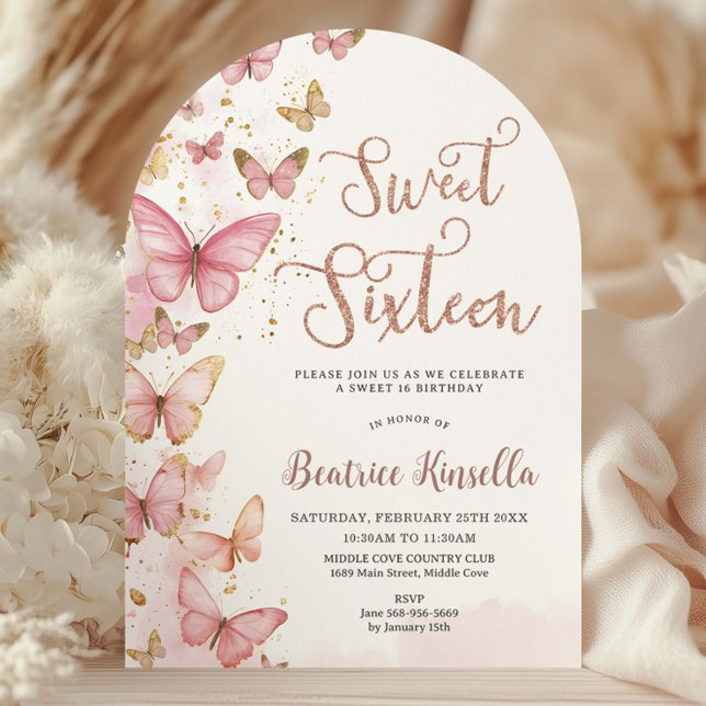 Invitation Papillons roses Sweet sixteen 16 Anniversaire Arc (Créateur téléchargé)