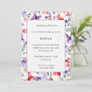 Invitation Papillons Rouge Violet Anniversaire
