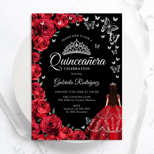Invitation Papillons Rouges Noirs Quinceanera (Créateur téléchargé)