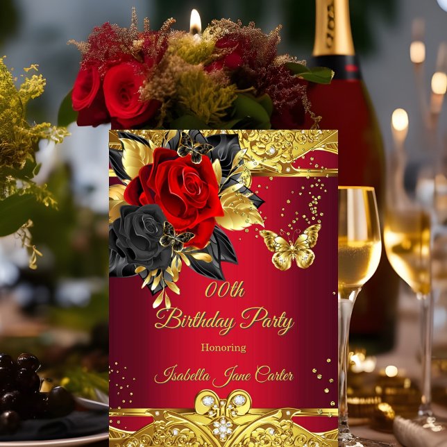 Invitation Papillons rouges Rose Floral Gold fête d'anniversa (Créateur téléchargé)