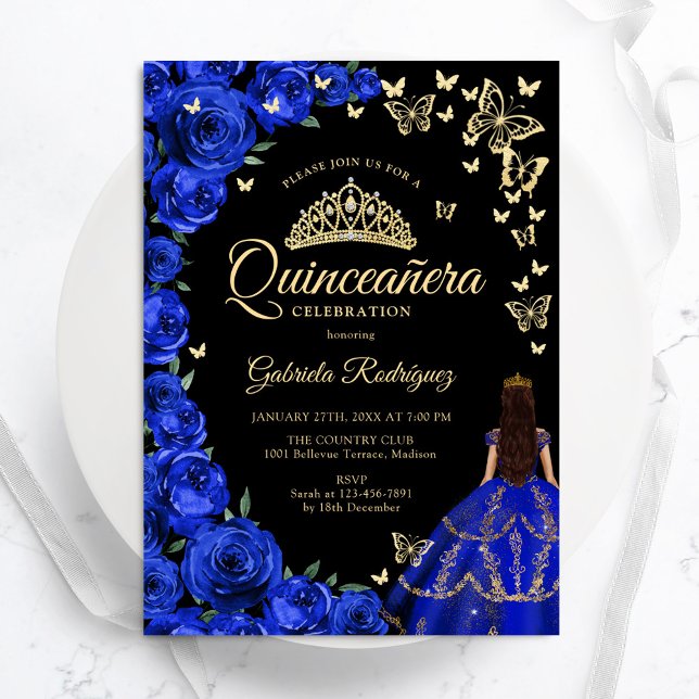 Invitation Papillons Royal Blue Gold Rose Quinceanera (Créateur téléchargé)