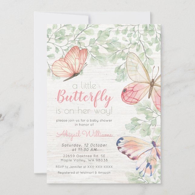 Invitation Papillons Rustique Aquarelle Baby shower fille (Devant)