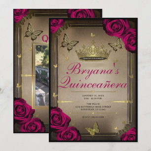 Invitation Papillons Tiara d'or Magenta Roses Quinceañera