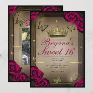 Invitation Papillons Tiara d'or Magenta Roses Sweet 16
