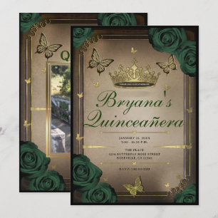 Invitation Papillons Tiara Emerald Green Roses Quinceañera