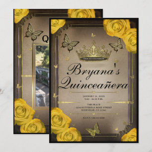 Invitation Papillons Tiara Or Roses Jaunes Quinceañera