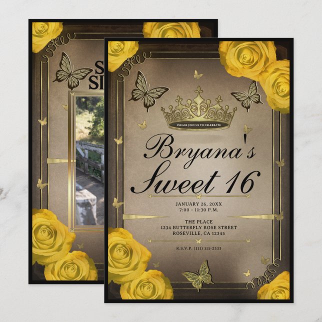 Invitation Papillons Tiara Roses Jaunes Douces 16 (Devant / Derrière)
