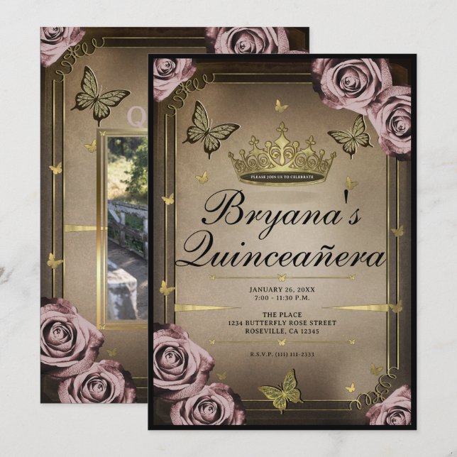 Invitation Papillons Tiara Roses rose pâle Quinceañera (Devant / Derrière)