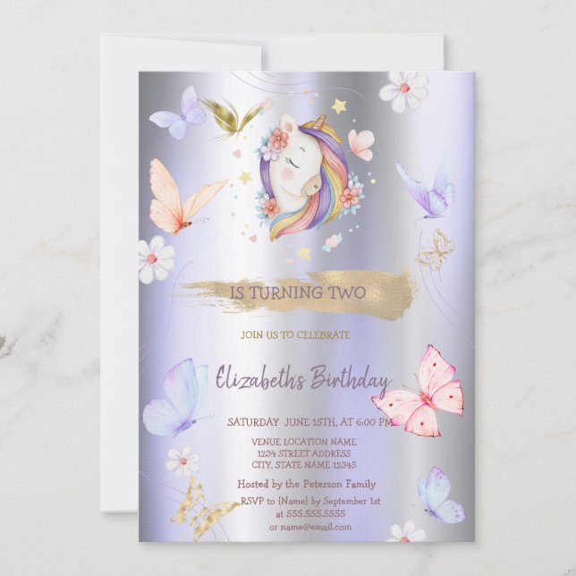 Invitation Papillons Unicorne Violet Metallday (Devant)