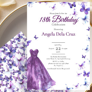 Invitation Papillons Violets Et Robe Début 18ème Anniversaire